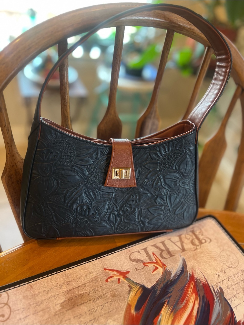 Artisan Women's Navy Floral-Embossed Shoulder Bag with Tan Trim